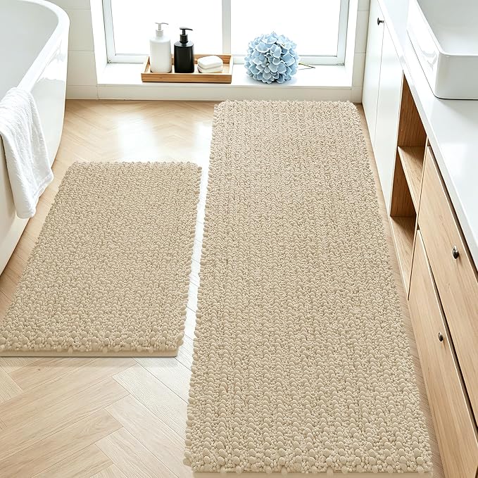 ACCUMTEK Upgrade Luxury 2 Piece Beige Toilet Bathroom Rug Mat 60"x20"+32"x20", Ultra Soft Thick Absorbent Bath Mats, Non Slip Chenille Toilet Mat for Bathroom, Bedroom, Kitchen, Shower, Tub