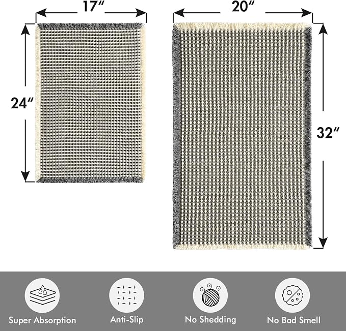MIULEE Set of 2 Waffle Bathroom Rugs Dark Grey&Yellow 17"x24"+20"x32" | Non Slip, Super Absorbent, Washable, Ultra Soft, Rubber Backed Bath Rugs for Bathroom Floor Tub Shower, Boho Decor
