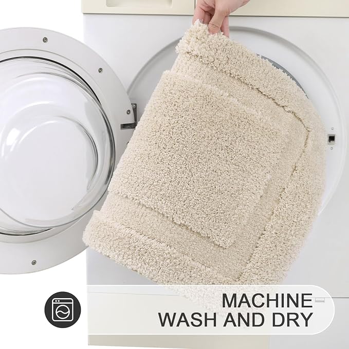 SHACOS Microfiber Bathroom Rugs Set of 3 with Toilet Lid Cover Non Slip | Washable Bath Mat Absorbent Bathroom Carpet 16"x24"+U Shape Toilet Rug 20"x24"+Toilet Lid Cover 19"x21", Light Beige