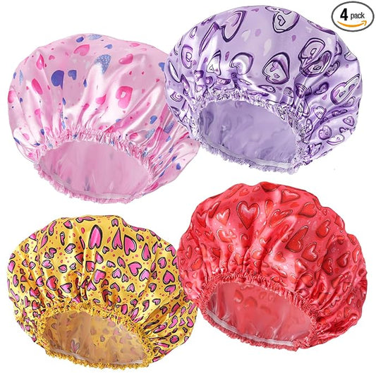 Shower Caps for Women, 4 PCS Reusable Waterproof Bath Cap | Double Layer, Washable, Wide Elastic Band, Holds Long Hair, Caps for Bath Accessories, Spa, Travel Home - Heart