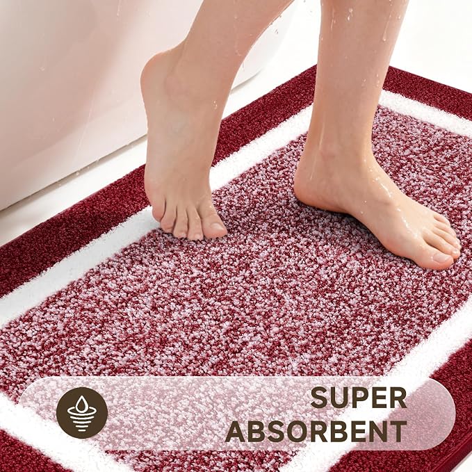 Pauwer Bathroom Rugs Set 5 Piece, Non Slip Microfiber Bath Mat, Red | Washable Bathroom Mat with U Shaped Toilet Rug, Long Shower Runner, Toilet Lid Cover, Quick Dry Absorbent Plush Floor Carpet