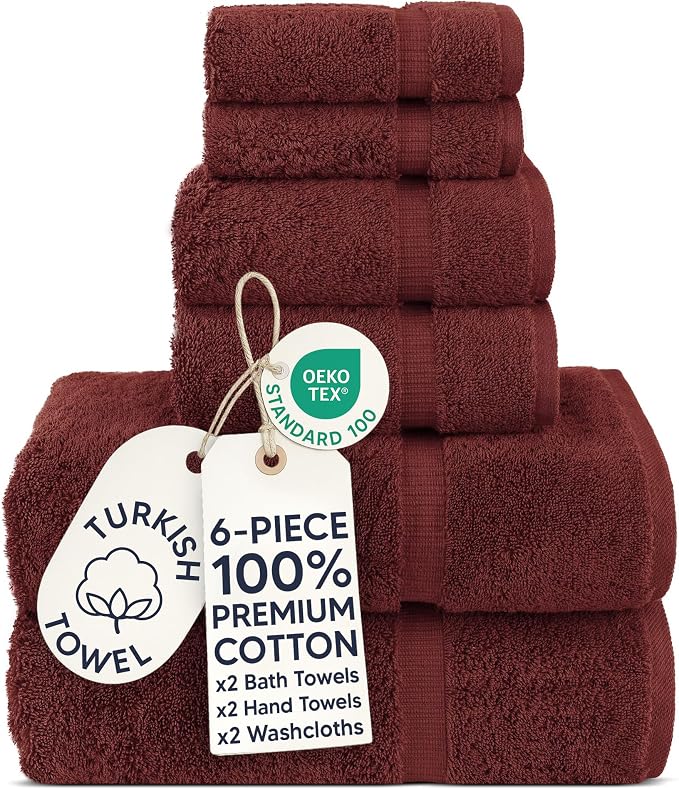Chakir Turkish Linens 100% Cotton 6-Piece Towel Set, Cranberry | 100% cotton 6-pc set, OEKO-TEX certified: 2 bath 27x54, 2 hand 16x30, 2 washcloths 13x13