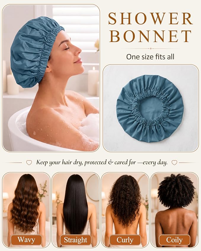 Edoneery Shower Caps for Women Reusable Waterproof, Shower Hair Cap | Washable Bonnet, Wide Elastic Band, Large Fit, Holds Long Hair, Braids Friendly, Bath Accessories, Spa, Travel