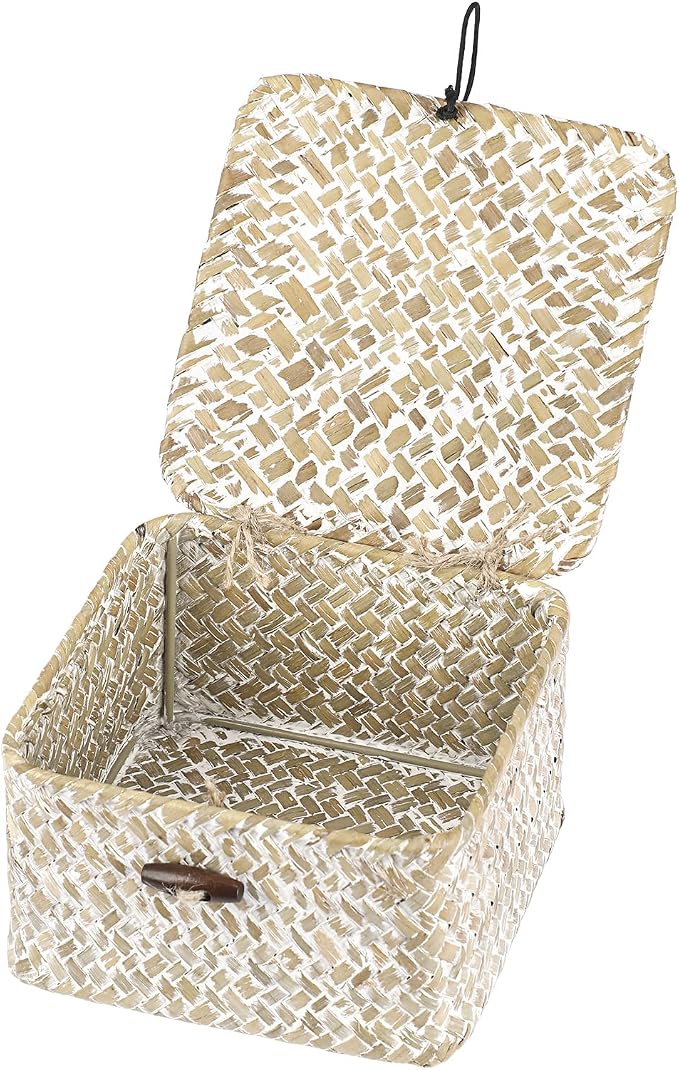 Hipiwe Wicker Shelf Baskets with Lid Handwoven Seagrass Storage Box Decorative Basket Bin Household Organizer Bin for Shelf Bathroom Coffee Table Decor Organizer, X-small