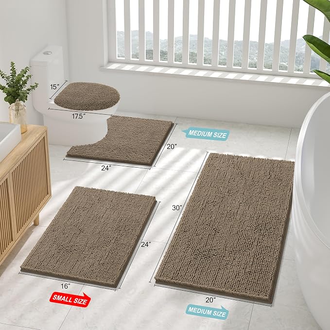 Smiry Chenille Bathroom Rugs Sets 2 Piece (36x24+30x20, Camel) | Soft Absorbent Machine Washable Non Slip Shaggy Bath Rug Set for Tub, Shower, and Floor, Home Decor