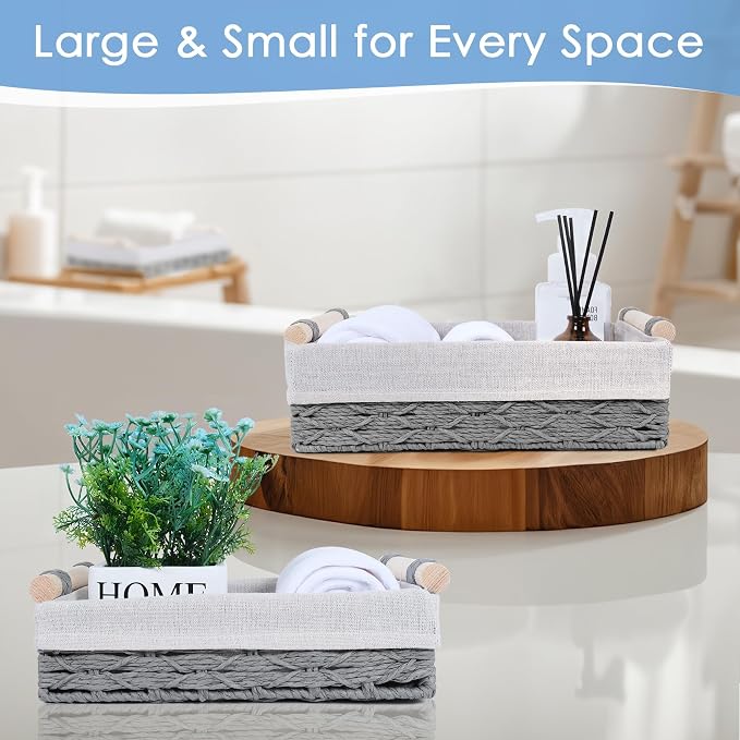 Wicker Storage Basket with Wooden Handle – Paper Rope Decorative Toilet Paper Baskets & Bathroom Organizer for Toilet Tank Top, Shelves, Bedroom, Countertop,Home,Office Storage Bins, 2 Pack,Grey