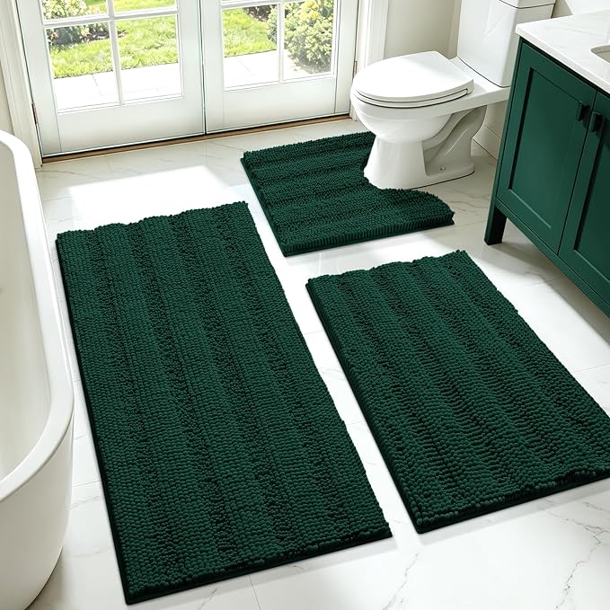 Christmas Striped Deep Green Bathroom Rug Set 3 Pieces Ultra Soft, Non Slip Chenille Bath Carpet, Absorbent Plush Shaggy Bath Mats for Bathroom, Toilet, Bedroom, Kitchen