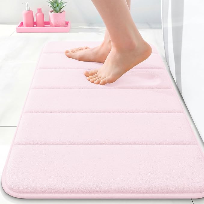 OLANLY Memory Foam Bath Mat 35x16, Super Soft and Absorbent Bathroom Rugs | Pink, Quick Dry Bath Rug, Machine Washable Shower Floor Mats, Bathmat Carpet for Bathroom Floor, Tub and Shower