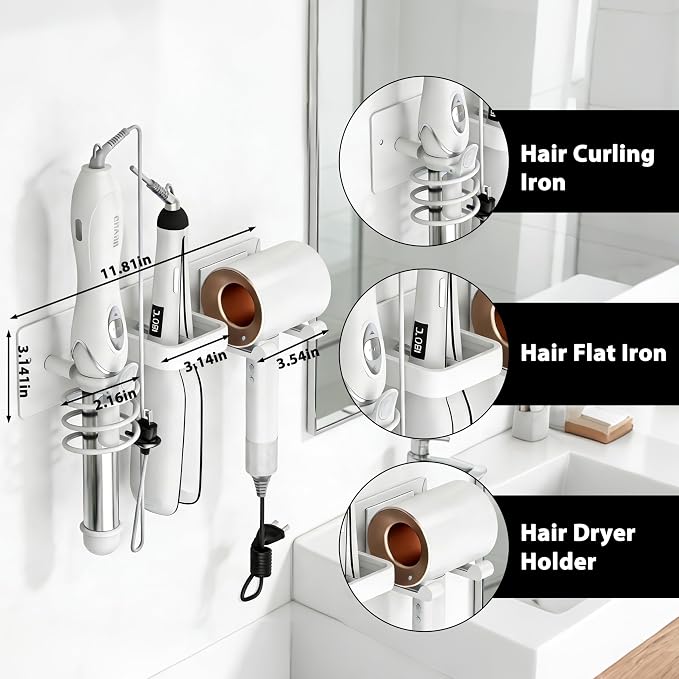 Hair Dryer Holder Hair Tool Organizer Metal Wall Mount (White) | Heat Resistant Hair Tool Organizer, Metal Wall Mount Storage, Bathroom Counter Space Saver, Blow Dryer Holder