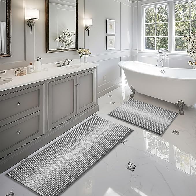 Bathroom Rugs Sets 2 Piece, Non Slip Striped Bath Mats, Gray | 20"x60" Plus 20"x32", Soft Absorbent Chenille, Quick Dry Machine Washable, Shower Rug for Bathroom Floor, Tub, Bedroom Decor