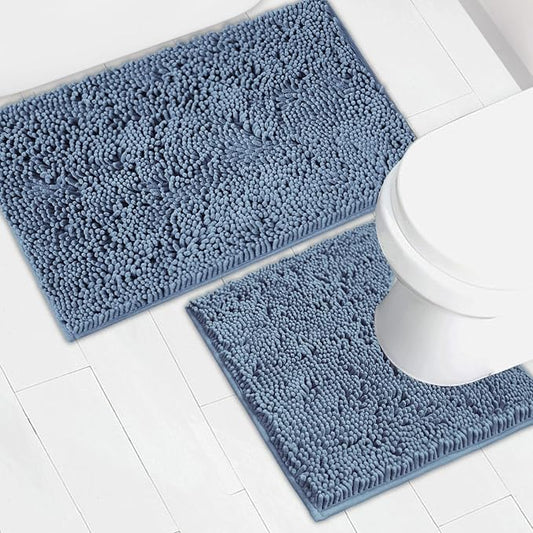 Bathroom Rugs Chenille Bath mat 2 Piece Set, Super Absorbent, Strong PVC Non Slip Backing, Bath mats for Bathroom, Plush Shaggy, Thick, Machine Washable, Bathtub, Toilet .(Medium Blue)