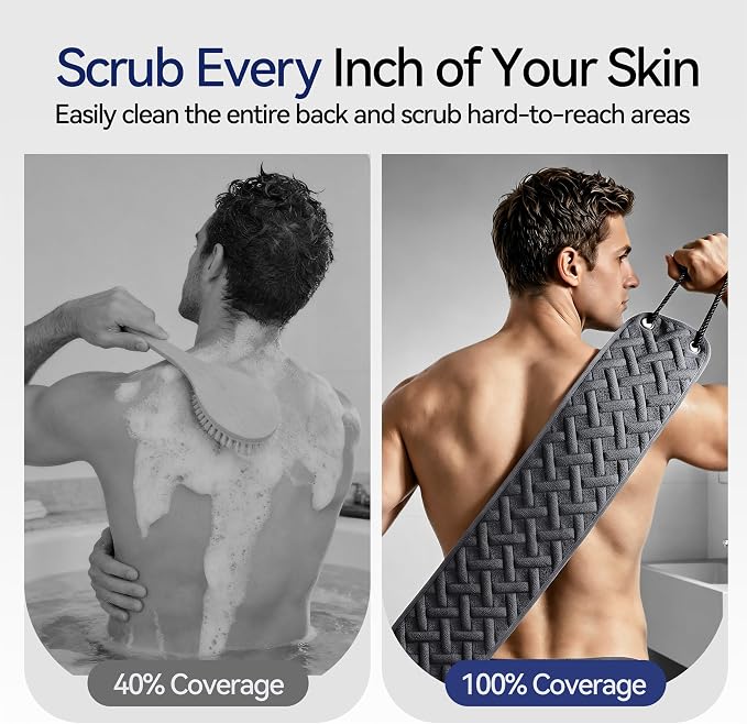 Back Scrubber for Shower for Men, 2X Wider 38.5" Double-Sided Back Washer | Bath Sponge Loofah with Handles, Washcloth Towel for Men& Women Deep Skin Cleansing, Gently Exfoliate & Cleanse Body Scrub