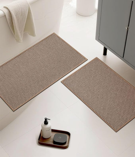 YIHOUSE Thin Bath Mat Khaki Bathroom Rugs Sets 2 Pieces, Non Slip Absorbent Mats Quick Dry, Woven Rugs Washable, Tapetes para Baño for Bathroom Toliet,Bathtub(17"x24"+17"x32")