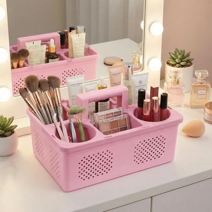 KMV Dorm Room Portable Shower Caddy with Adjustable Compartments - Ventilated Drainage Design with Handles, Perfect Toiletries Organizer for College Dorms-pink