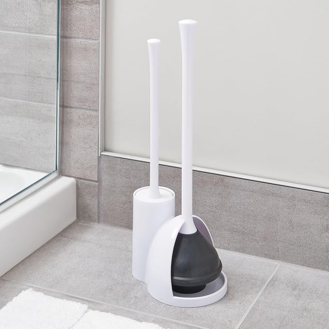 iDesign Compact Plunger Set, White, Set of 2 | Toilet Brush, Bathroom Cleaning, Storage