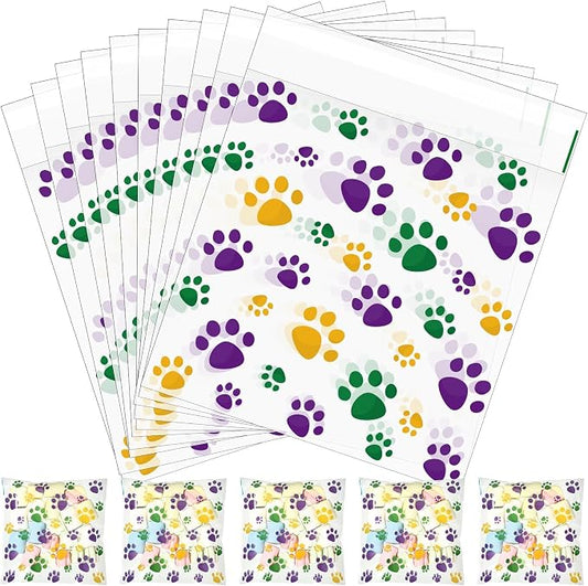 Pasimy 200 Pcs Paw Plastic Bags Pet Cellophane Bags Self-adhesive Clear Treat Pouches for Pet Dog Theme Party Supplies Decor (Mardi Gras Color)