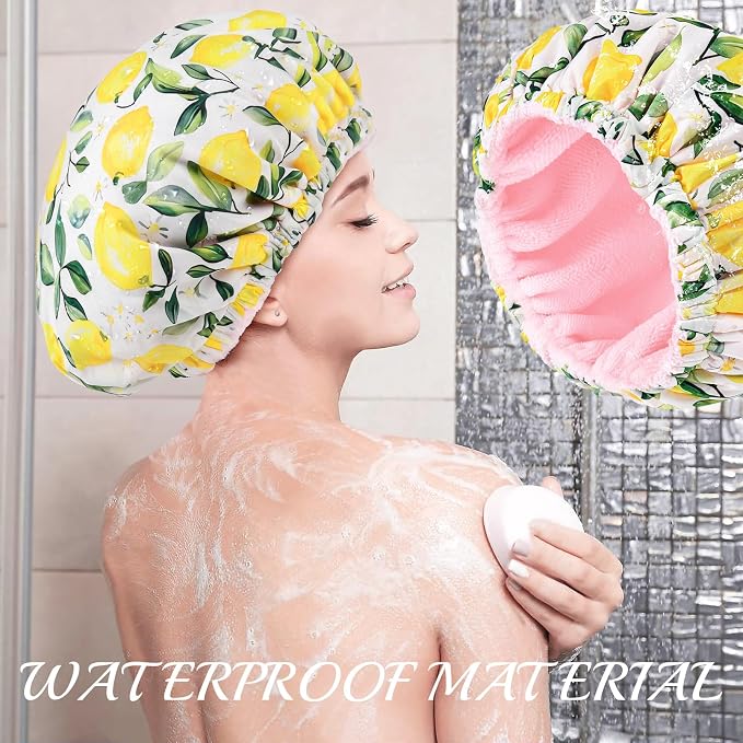 Shower Cap for Women Terry Lined Bath Cap Large Reusable Waterproof Elastic Lemon Shower Caps for Long Thick Hair Soft Bath Shower Hair Caps
