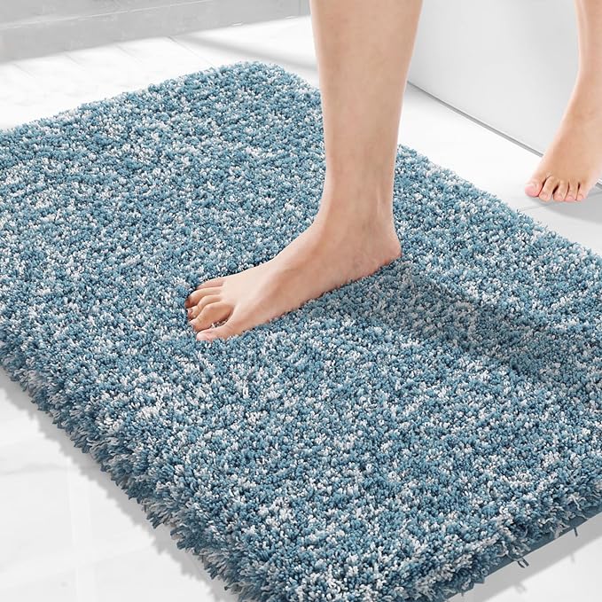 Yimobra Bath Rugs for Bathroom 32X20, Ultra Soft and Water Absorbent Bath Mats, Non Slip Plush Shower Rugs, Microfiber Thick Matts for Bathroom Floor/Tub, Machine Washable, Denim Blue and White