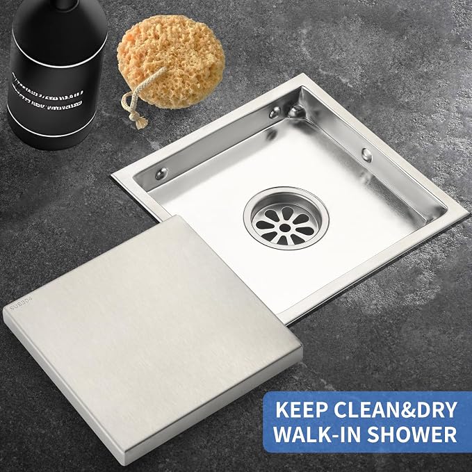6-Inch Square Shower Drain, Brushed Nickel Floor Drain with Flange, 304 Stainless Steel Bathroom 2-in-1 Tile Drain