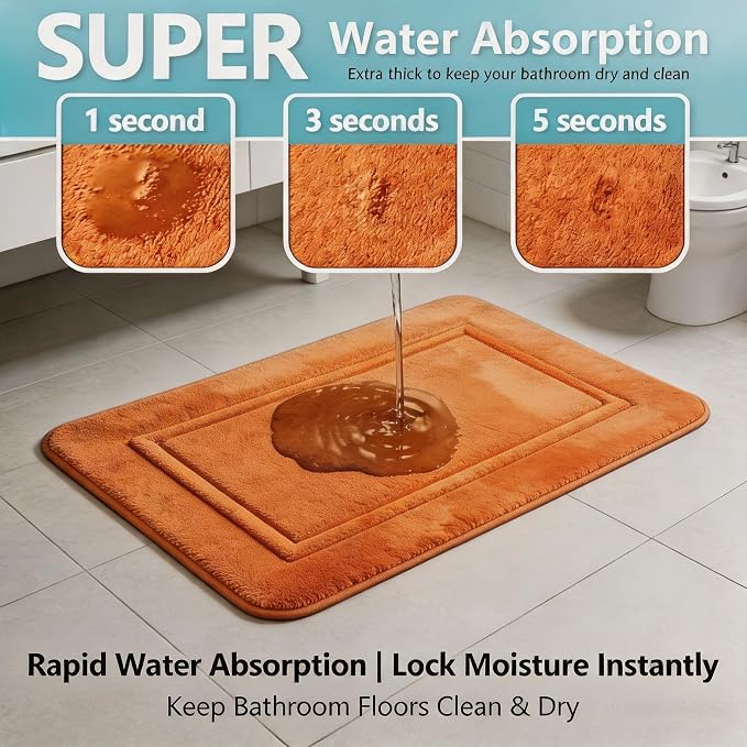 Bathroom Rugs Set 3 Piece Memory Foam, Bordered Toilet Rug, Non-Slip Orange | Fall, Halloween & Thanksgiving Decor — Warm Orange bath mats, absorbent and washable, with a U-shaped toilet mat.