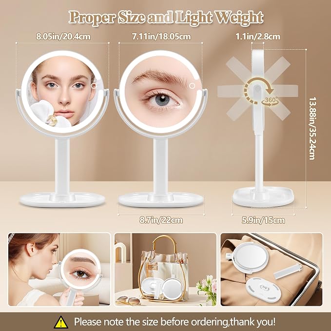 MOMOKUBA Makeup Mirror with Lights, 20X Magnifying Mirrors, Height Adjustable, Vanity Mirror with Lights Rechargeable 3 Color Modes, Double-Sided Detachable Travel Mirrors, Gift for Women, White