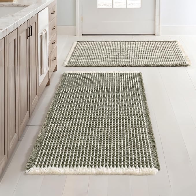MIULEE Set of 2 Waffle Bathroom Rugs Boho Bath Mat Green&Cream 18x30 Inch | Non Slip, Super Absorbent, Washable, Ultra Soft, Rubber Backed Bath Rugs for Bathroom Floor Tub Shower