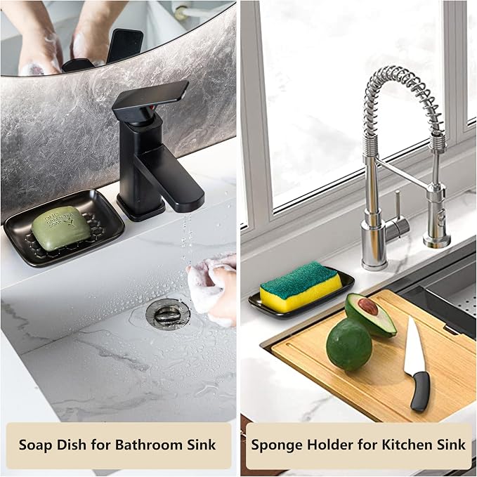 Gomakren Soap Dish for Shower, Ceramic Bar Soap Holder with Honeycomb Design - Father's Day Soap Saver Tray for Bathroom Kitchen Sink, Sponge & Organizer Tray, Upscale Look, 5.5 Inch, Black