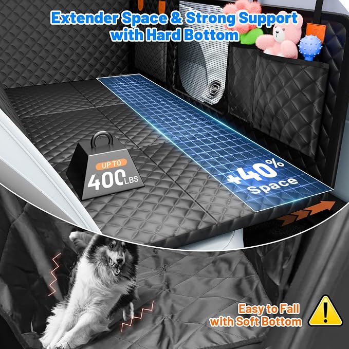Dog Car Seat Cover for Back Seat, Hard Bottom Hammock Hold 400lbs For Cars | Waterproof,Anti-Scratch,Safety Non-Slip,600D Oxford,Mesh Window,Storage Pocket