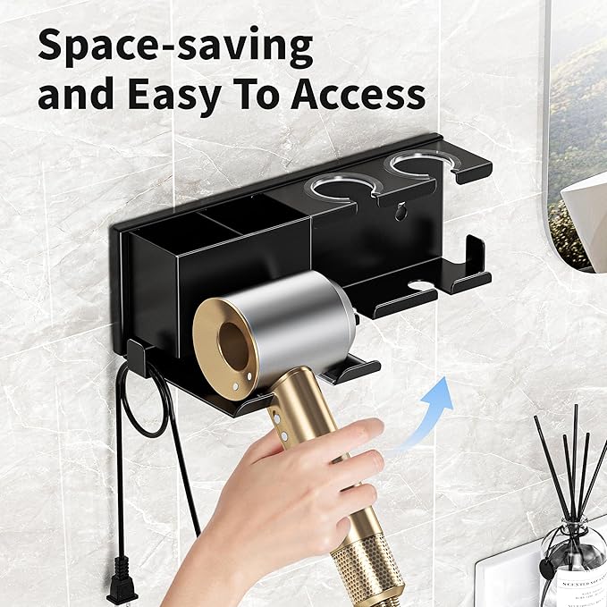 Hair Dryer Holder, Hair Tool Organizer Wall Mount, Adhesive or Drill, Black | Blow Dryer Holder for Dryer Hook, Straightener Curling Irons Hairdryer Hair Appliance Hanger for Salon Bathroom Wall Storage