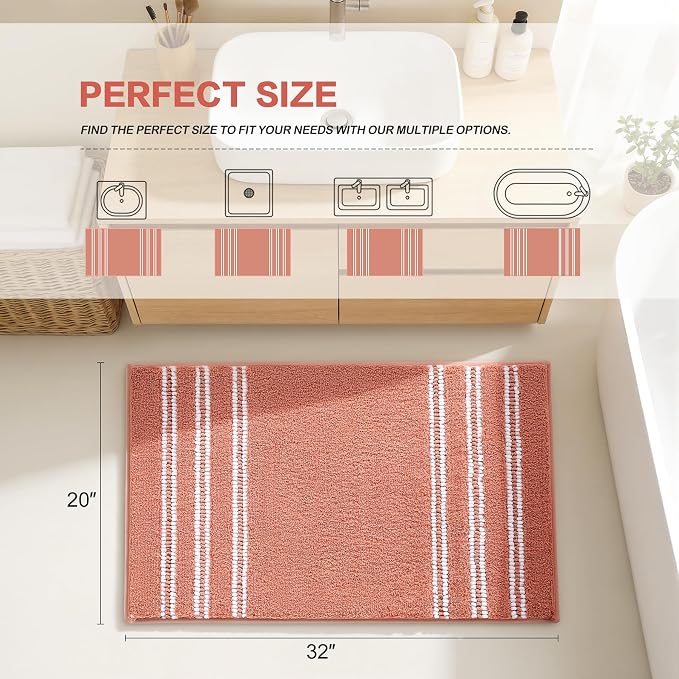 Kmson Bathroom Rugs Mat, 20"x32" Ultra Soft Washable Shaggy Chenille Bath Rugs, Non-Slip Fluffy Thick Water Absorbent Microfiber Mat for Bathtub, Sink and Shower, Pink