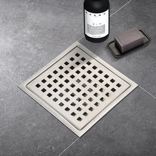 6 Inch Square Shower Drain with Removable Square Grille, Brushed 304 Stainless Steel, PVC Shower Drain Base, Includes Hair Strainer for Kitchen, Bathroom, Garage