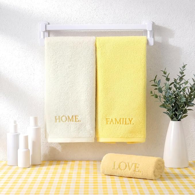 3 Pcs Hand Towels Bathroom Set,Yellow,Home Love Family | Embroidered Cotton Farmhouse Towels, Kitchen Decor, Rustic Boho Decorative with Text Labels, Guest Bath Home