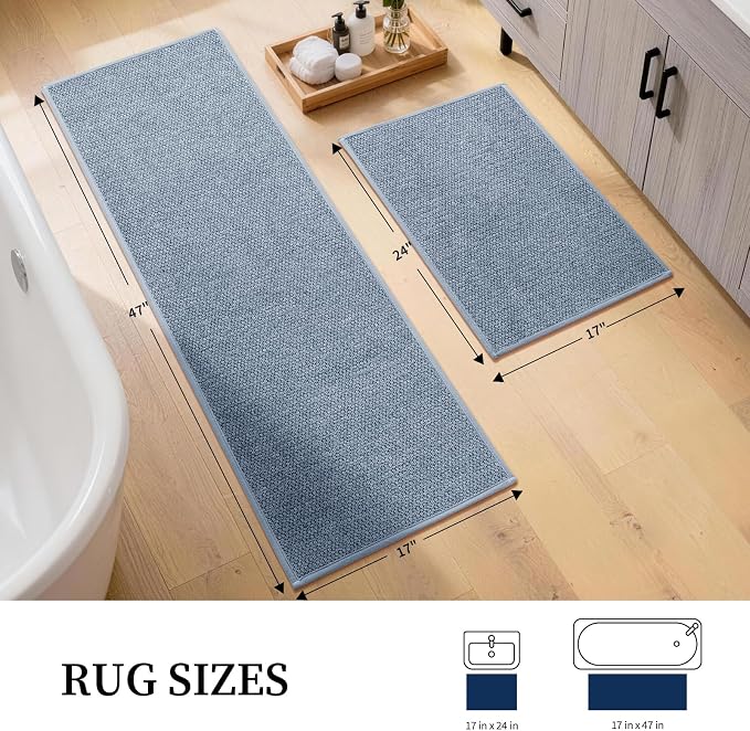 Navy Blue Bathroom Rugs Sets 2 Piece, Quick Dry Thin Bath Mat, Non Slip Absorbent Machine Washable, Bath Runner Rug for Bathtub Sink Home Decor (17"x24" + 17"x47")