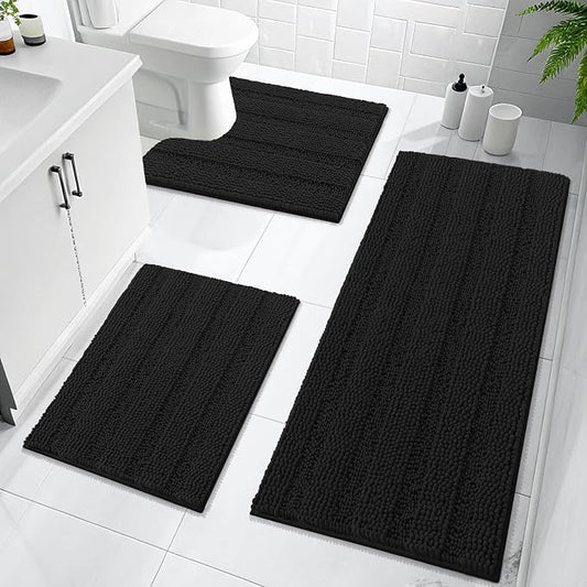 OLANLY Thick Chenille Bathroom Rugs Sets 3 Piece, 47"x20"+24"x16"+24"x20" | Black, Absorbent Bath Mats and U-Shaped Contour Toilet Rug, Home Decor Accessories, Bath Mat Set for Bathroom