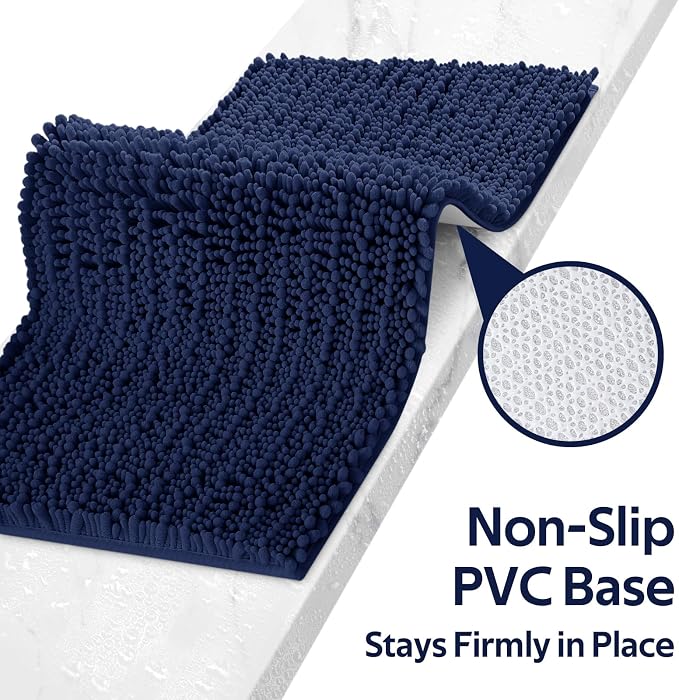 ACCUMTEK Upgrade Extra Large Navy Blue Bathroom Rug Set 3 Pieces Ultra Soft, Thick Absorbent Bath Mats, Non Slip Chenille Toilet Mat for Bathroom, Bedroom, Kitchen