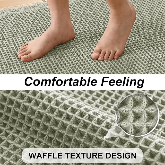 JIUZHEN Set of 2 Waffle Bathroom Rugs Non Slip Bath Mats, 16"x24"+24"x60" | Sage Green, Boho, Absorbent, Washable, Ultra Soft, Fast Drying Bath Rug and Bathroom Runner for Kitchen Hallway Laundry