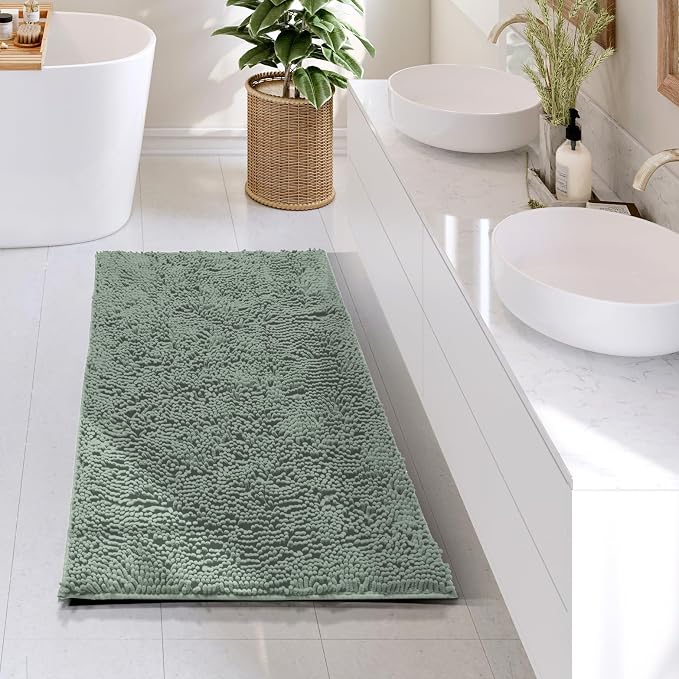 Hearth & Harbor Bathroom Rugs, Chenille Bath Mat - Machine Washable Bath Mats for Bathroom Non-Slip Backing Rubber, Quick Dry Bathroom Mat, 24 x 36 - Ice Green