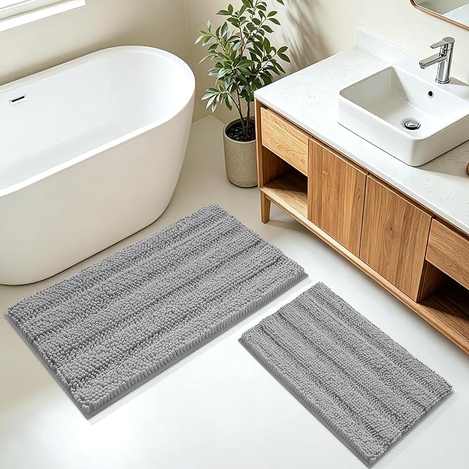 Striped Light Grey Bathroom Rug Mat Set 2 piece 32"x20"+24"x17" Ultra Soft, Non Slip Chenille Bath Rugs, Absorbent Plush Shaggy Bath Mats for Bathroom, Bedroom, Kitchen, Shower, Tub,Light Gray