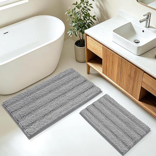 Striped Light Grey Bathroom Rug Mat Set 2 piece 32"x20"+24"x17" Ultra Soft, Non Slip Chenille Bath Rugs, Absorbent Plush Shaggy Bath Mats for Bathroom, Bedroom, Kitchen, Shower, Tub,Light Gray