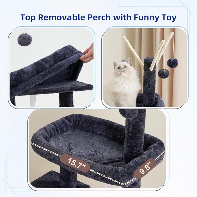 Cat Tree Tower for Indoor Cats, Top Platform with Toy, GCT006SG | 49.2 inch Cat Condo House, Sturdy Base, Scratching Post & Board, 3 Balls, Hanging Basket, Small Cats and Kittens, Drak Gray