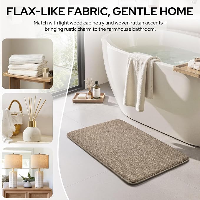 HOMEIDEAS Memory Foam Bathroom Rugs Set of 2, Beige 24"x17"+32"x20" | Ultra Absorbent Quick Dry Bath Mats with Non Slip PVC Backing, Machine Washable, Ideal for Bath Floor, Shower and Tub