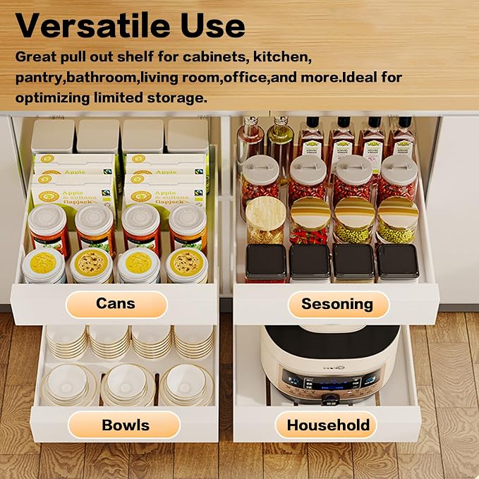 bealy 1 Pack Pull Out Cabinet Organizer Adhesive, 12'' W x 16.9" D x 3.1'' H Heavy Duty Carbon Slide Out Pantry Shelves, Sliding Drawer Pull Out Pantry Shelves for Kitchen, Living Room, Home