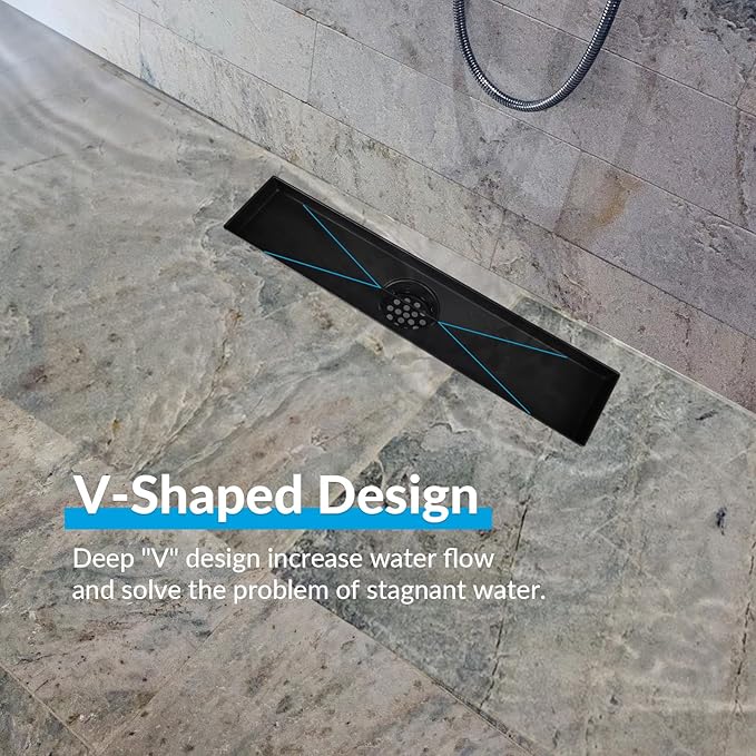 12 Inch Linear Shower Drain Matte Black Floor Drain for Bathroom Kitchen Rectangular 2 in 1 Floor Drain Tile Insert Cover 304 Stainless Steel Easy Install with Hair Strainer, Adjustable Leveling Feet