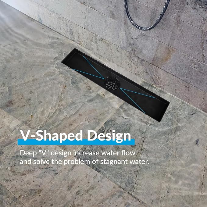 32 Inch Linear Shower Drain Matte Black Floor Drain for Bathroom Kitchen Rectangular 2 in 1 Floor Drain Tile Insert Cover 304 Stainless Steel Easy Install with Hair Strainer, Adjustable Leveling Feet