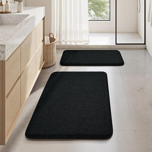 HOMEIDEAS Memory Foam Bathroom Rugs Set of 2, Black 24"x17"+32"x20" | Ultra Absorbent Quick Dry Bath Mats with Non Slip PVC Backing, Machine Washable, Ideal for Bath Floor, Shower and Tub