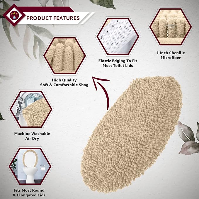 LuxUrux Toilet Lid Cover with Stretch Fit Elastic Band – Chenille Microfiber Toilet Seat Non-Slip Cover for Bathroom – Soft Plush, Machine Wash And Dry, Comfort & Clean Look (18 x 18'', Birch)