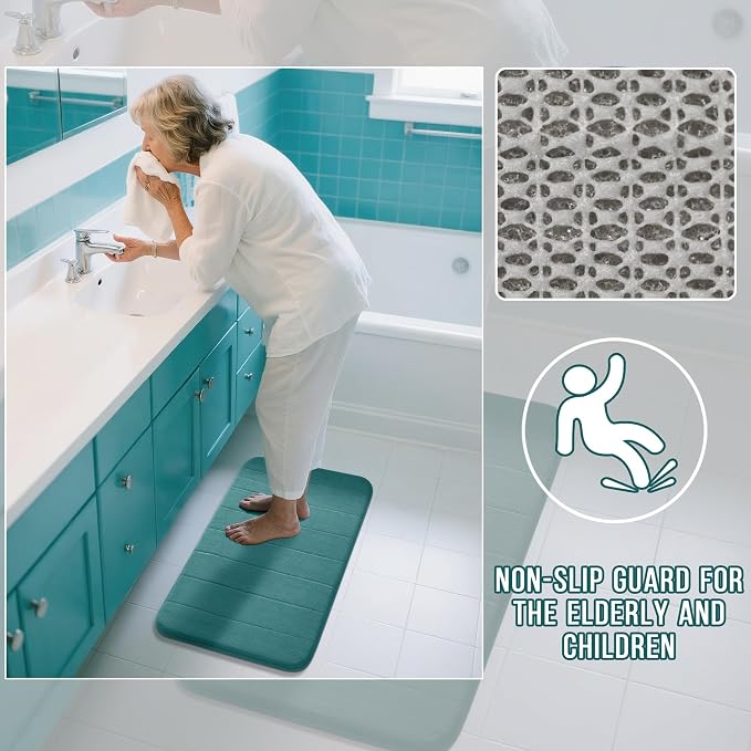 Yimobra U-Shaped Toilet Bath Mat Set 2 Piece - Super Soft Absorbent Quick Dry Memory Foam Bathroom Rugs, Machine Washable Non Slip Floor Carpet for Tub Shower & Single Sink (17x24 & 24x20, Teal)