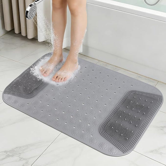 Bathtub Shower Mat Non Slip, 28.7x18.9 inch Silicone Bathroom Mat with Foot Scrubber on Both Sides, Drain Hole and Suction Cups, Machine Washable Bath Mats for Elderly, Pet (Gray)