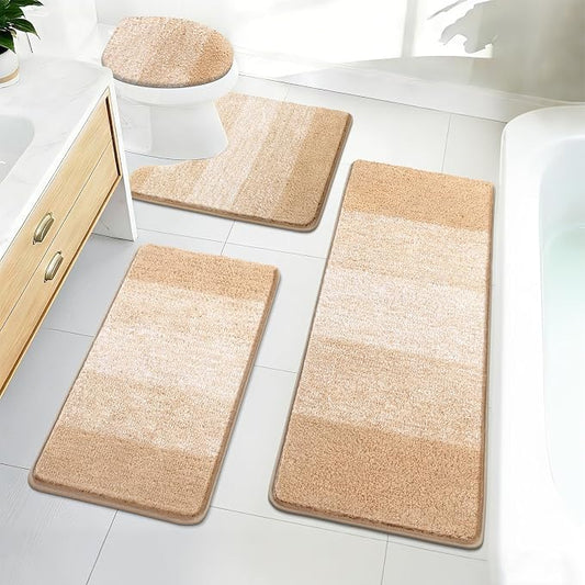 Bsmathom Bathroom Rug Set 4 Piece, Plush Microfiber Bath Mat, Beige | Extra Water Absorbent, Non Slip Washable Runner Bath Rugs with Toilet Lid Cover and U-shaped Contour Toilet Mat