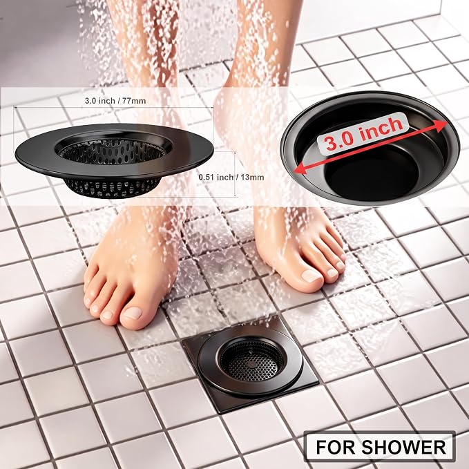 Seatery 1.75" Tub Drain Strainers, Bathtub Drain Hair Catchers, Stainless Steel Drain Filter Cover for Bathroom Laundry Floor Drain, Outer Diameter 3.0 inch, Inner Diameter 1.60 inch, Black